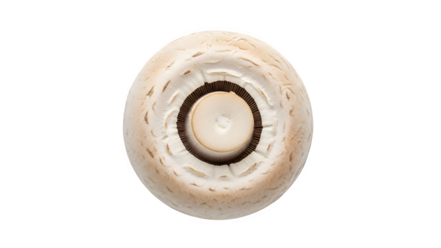 Bottom view of a fresh white button mushroom, isolated on transparent background