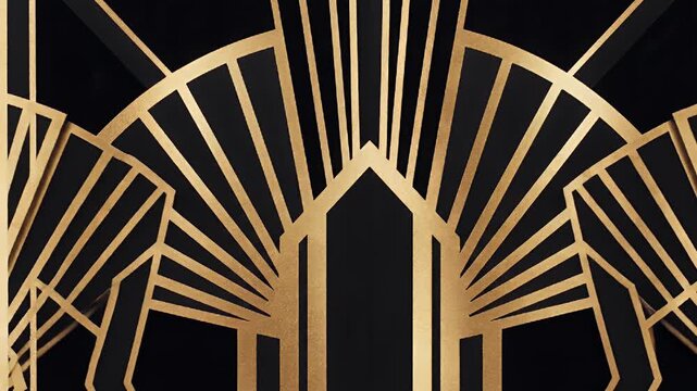Golden Art Deco pattern on black background, symmetrical geometric design with radiating lines and classic 1920s style