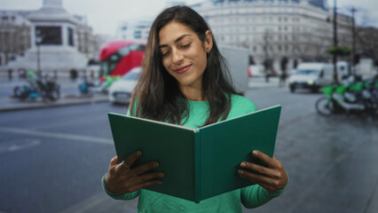 Woman holding green book and smiling on busy street with closed eyes and visible hands gripping the open book; reading calm.