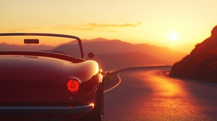 A classic sports car driving on a winding mountain road under a golden sunset