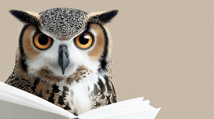 Owl perched on an open book, showcasing its striking features and intense gaze, surrounded by a soft, neutral background, symbolizing wisdom and knowledge in a captivating visual narrative
