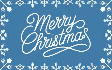 Merry christmas text surrounded by white snowflakes on a blue background holiday design card