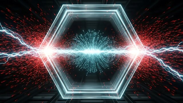 Hexagon portal with lightning strikes and glowing particles effect