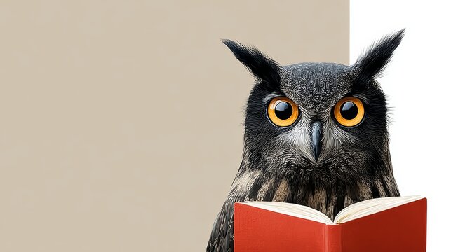 Owl with striking yellow eyes, holding an open red book, set against a minimalistic background, symbolizing wisdom and knowledge in a whimsical and engaging manner