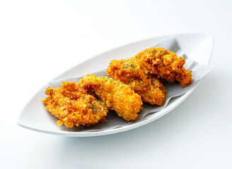 Crispy, golden fried chicken tenders on a white plate offer a tempting fast food treat, perfect for lunch or dinner. Fresh and delicious indulgence.