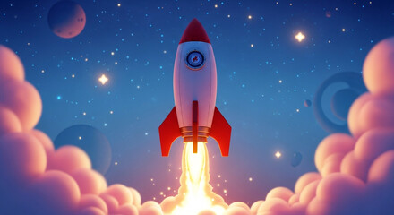 Rocket takes off against a backdrop of colorful clouds stars