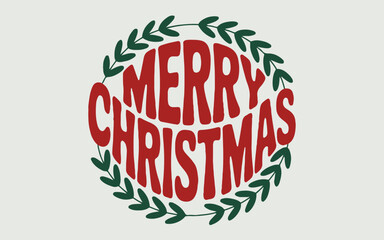 A festive merry christmas graphic with red text and a green leaf wreath on a white background