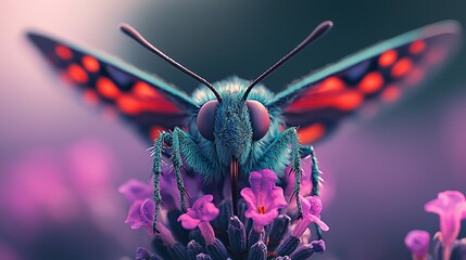 A close-up of a colorful butterfly resting on a lavender bloom