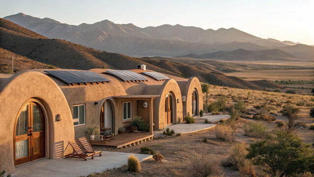 Earth house with solar panels in desert landscape - Powered by Adobe
