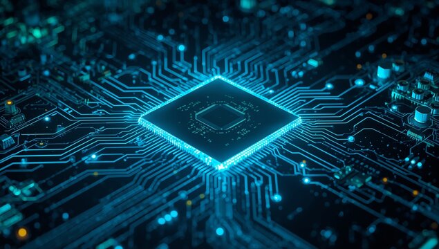 Futuristic glowing circuit board design for cutting edge technology solutions and innovative engineering concepts in a modern digital world