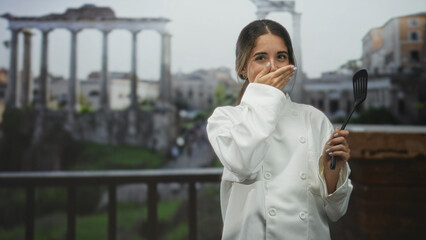 Woman chef holds spatula and covers mouth with hand on balcony near ancient building ruins; warm surprise.