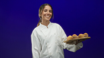Woman chef holding wooden tray of muffins and smiling, presenting pastries in studio; joy...