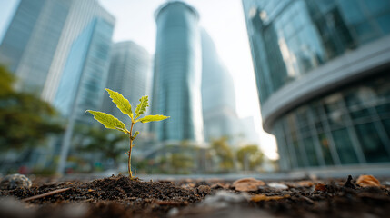 Small plant sprouts from soil in front of modern glass skyscrapers. Eco-friendly corporate initiative. Sustainable growth concept. Leadership strategy for companies. New eco business model. Urban