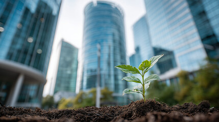 Small plant sprouts from soil in front of modern glass skyscrapers. Eco-friendly corporate initiative. Sustainable growth concept. Leadership strategy for companies. New eco business model. Urban