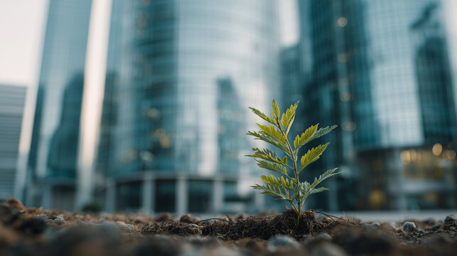 Small plant sprouts from soil in front of modern glass skyscrapers. Eco-friendly corporate initiative. Sustainable growth concept. Leadership strategy for companies. New eco business model. Urban