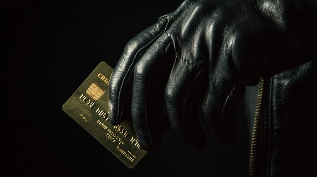 Black gloved hand holding a gold credit card against a dark background