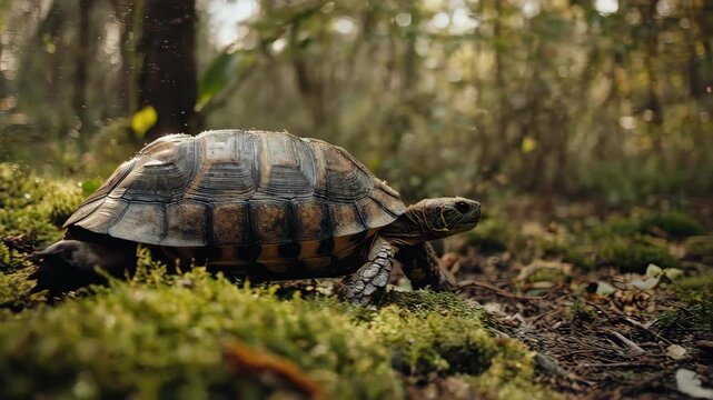 A detailed shot of a tortoise slowly walking on a mossy forest floor, surrounded by natural light and green foliage.