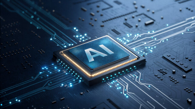 Close-up of futuristic AI microchip embedded in electronic circuit board symbolizing artificial intelligence hardware acceleration, machine learning processing