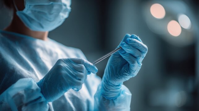 Surgeon wearing mask and gloves holds surgical forceps in operating room with bright lights