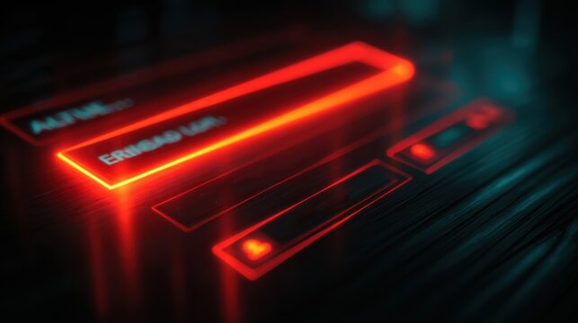 Close up view of illuminated red rectangular buttons with glowing edges on a dark textured surface