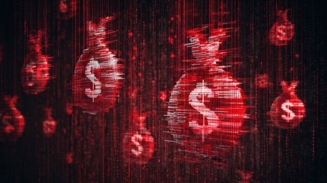 Red digital money bags with dollar signs glow against a dark abstract background of lines and dots
