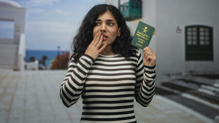 Young arab woman holding saudi passport, hand to cheek for toothache on street under sunlight;...