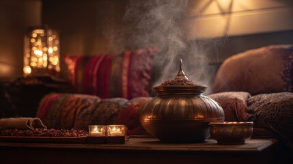 Ornate incense burner with rising smoke candles and floral petals on a wooden surface rich cushions in background