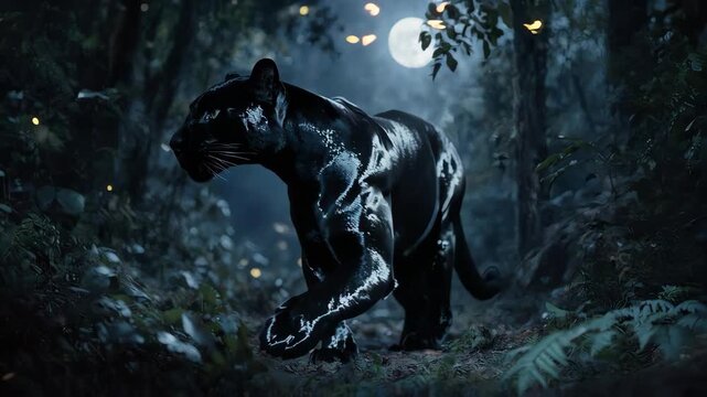 Majestic black panther walking through a mystical moonlit forest at night with glowing fireflies.