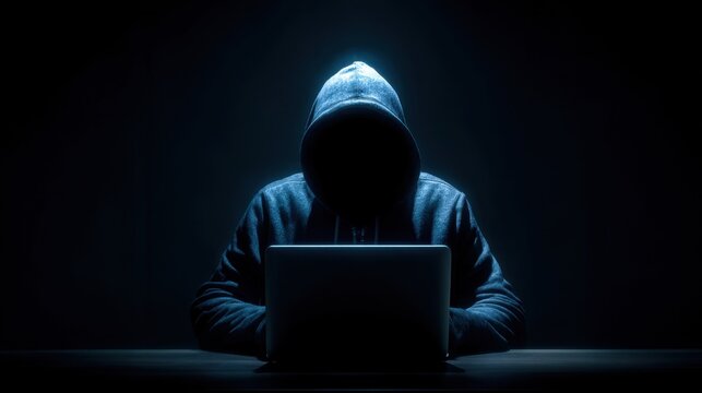 Person in hooded sweatshirt with face obscured illuminated by laptop screen light in dark room
