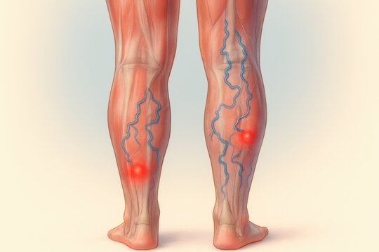 medical illustration of varicose veins on the back of lower legs. Twisted blue veins visible under skin with inflamed red zones. Clean background