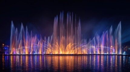 Synchronized water jets illuminated with colorful lights create a spectacular fountain display at night