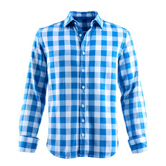 Blue and white checkered long sleeve button down shirt isolated on black background