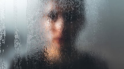 Distorted human face seen through frosted glass with water droplets person