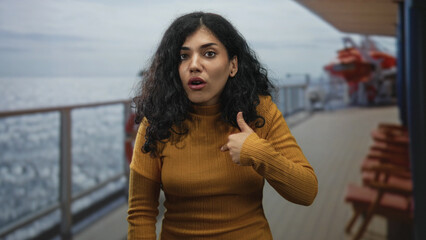 Woman with curly brunette hair pointing thumb to chest while grimacing on ship deck building by the railing and lifebuoy at sea; confusion.