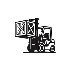 Forklift Lifting Wooden Crates High Silhouette icon logo flat vector design