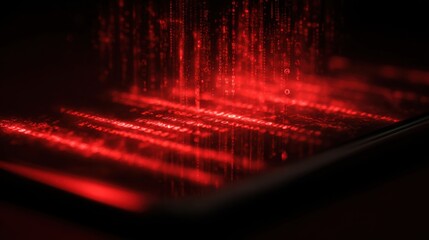 Red digital rain composed of numbers and characters cascades onto a reflective surface