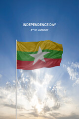Waving flag of Myanmar in beautiful blue sky for National holiday