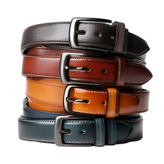 Stack of leather belts with metal buckles on black background