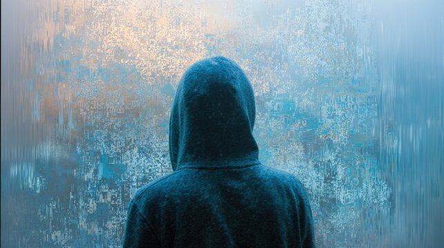 Hooded figure viewed from behind against a glitch art abstract blue and gold background