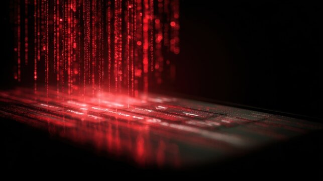 Red digital rain of binary code falling onto a dark reflective surface with glowing elements