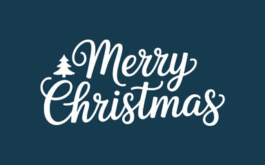 White merry christmas text with christmas tree icon on a dark blue background holiday greeting card