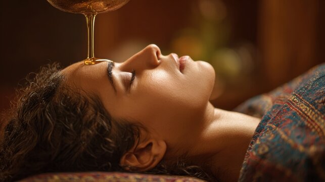 Woman receiving Ayurvedic Shirodhara oil treatment on forehead for relaxation and well being