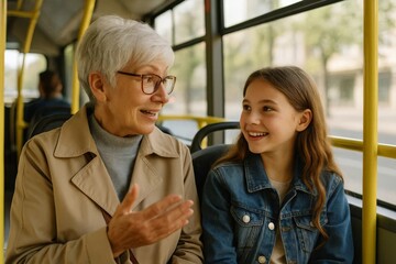 Happy grandmother talking with granddaughter while riding public bus
