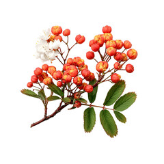 Close up of a branch with bright orange berries and a single white flower against a black background