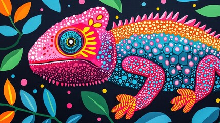 A close-up of a vibrant chameleon blending into its colorful surroundings