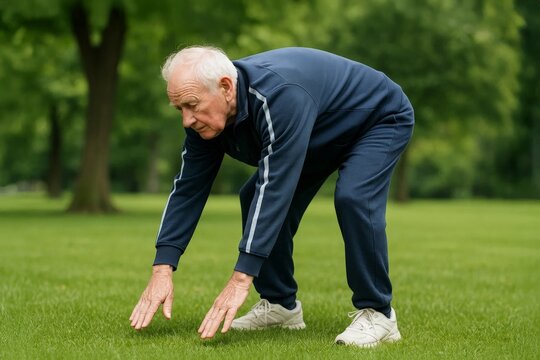 Senior man in sportswear stretching forward to touch the ground during outdoor exercise in a park.