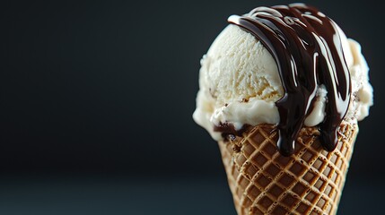 A close-up of an ice cream cone with melting chocolate drizzle