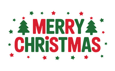 A festive merry christmas graphic with trees and stars in red and green on a white background