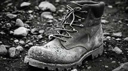 A close-up of a well-worn hiking boot on a rocky trail