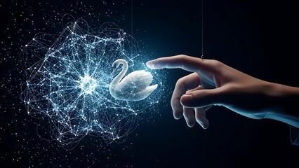 Hand touching a swan surrounded by a digital network of light